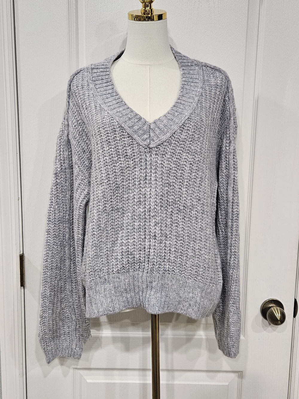a.n.a Light Gray V-Neck Chunky Knit Sweater